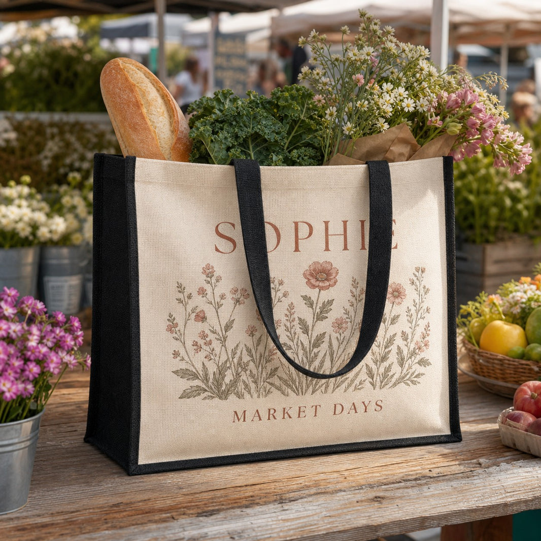 Farmers market tote — jute bag filled with bread, vegetables and flowers at a market