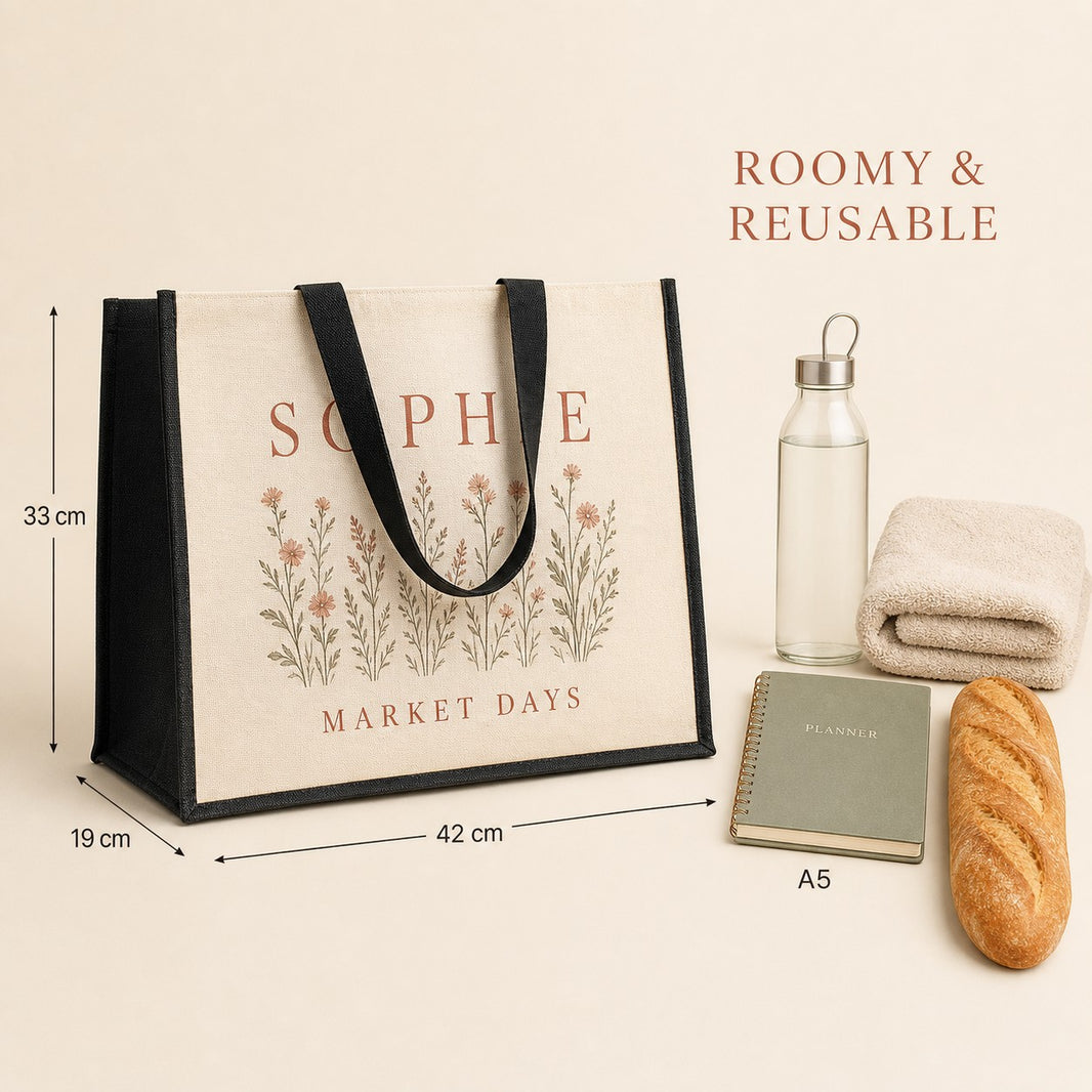 Jute market bag size guide — 42 cm wide by 33 cm tall by 19 cm deep, fits A5