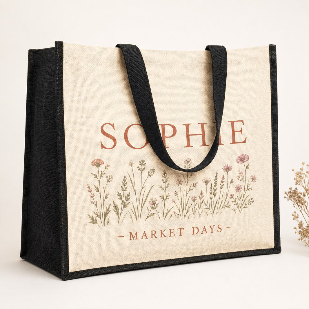 Custom tote bag in jute with long black handles, Sophie Market Days wildflower print
