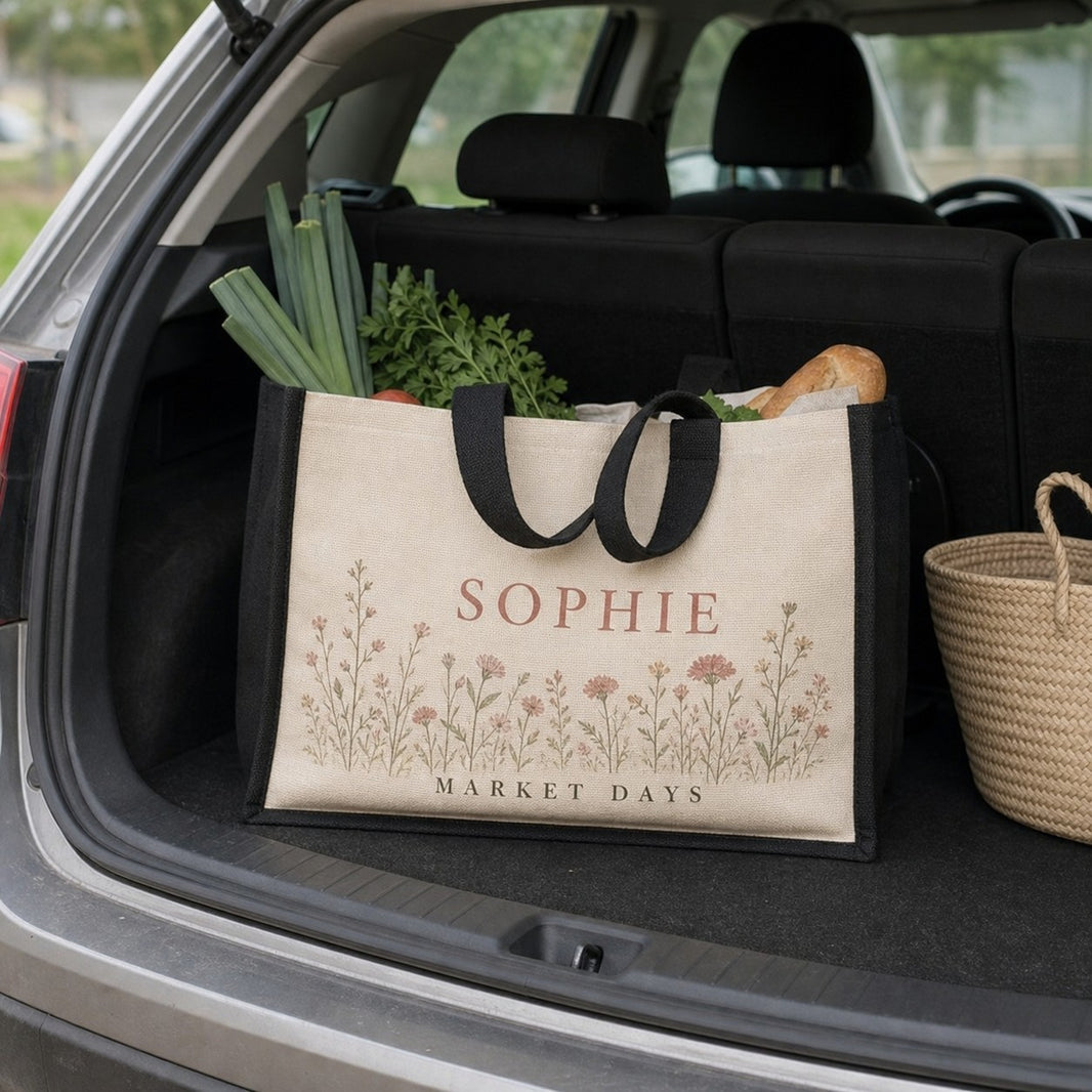 Custom tote bag in jute standing upright in a car boot full of groceries