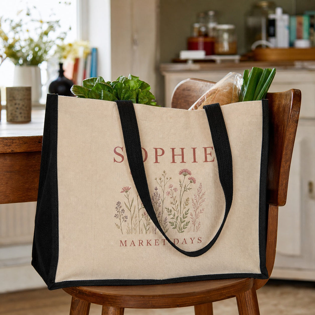 Personalized tote in jute with groceries on a kitchen chair, printed with name Sophie