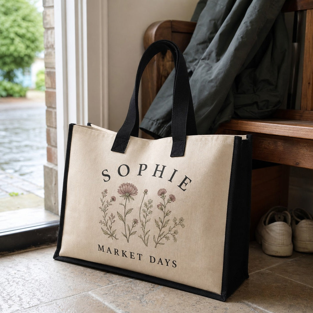Personalized tote in jute by the front door ready for everyday errands