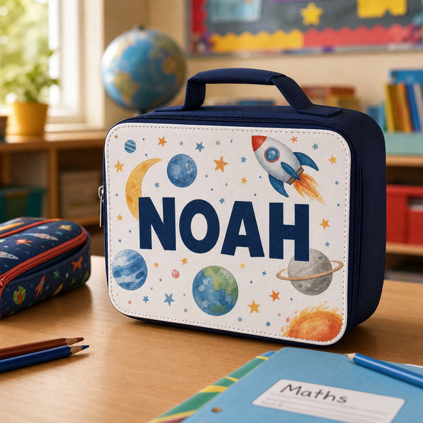 Personalised navy kids lunch bag with space rocket and planets design printed with the name Noah on a school desk