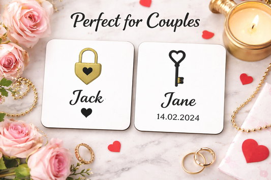 Personalised Valentines Day wood square coaster set with lock and key icons for Jack and Jane