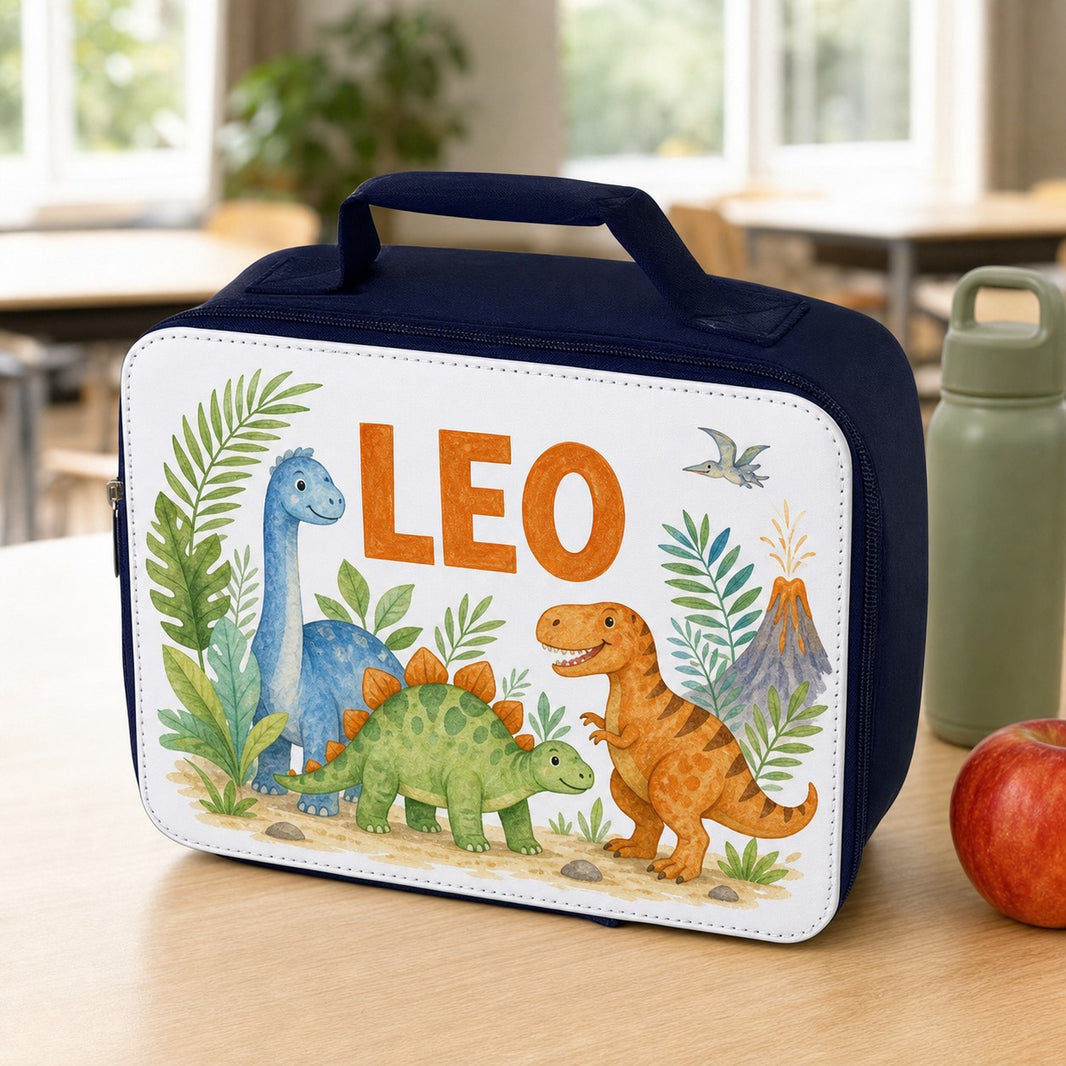 Personalised insulated lunch bag with watercolour dinosaur design and the name Leo in orange letters
