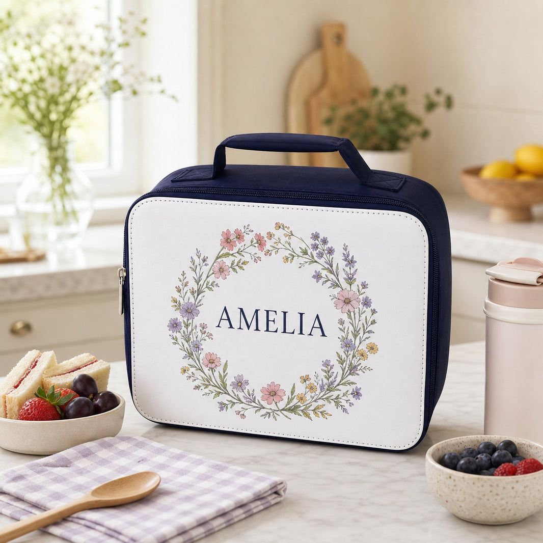 Personalised lunch bag with floral wreath design and the name Amelia in a bright kitchen