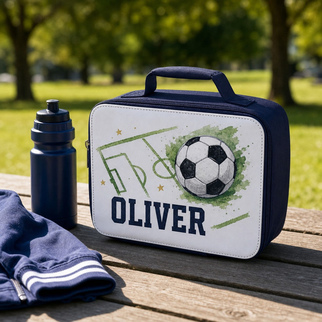 Personalised lunch bag with football design printed with the name Oliver next to a water bottle on a park bench