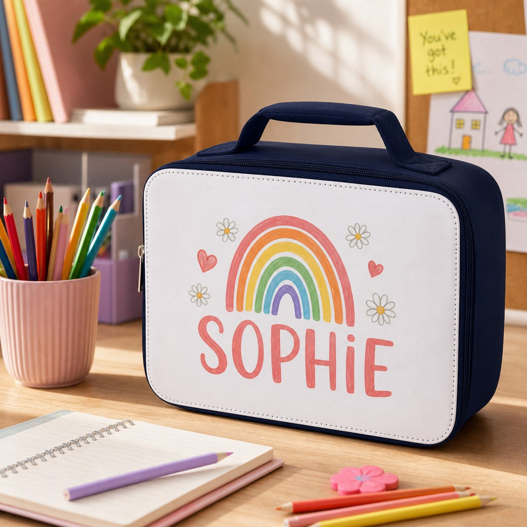 Personalised kids cooler lunch bag with pastel rainbow design and the name Sophie on a classroom desk