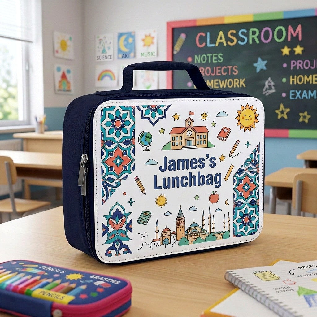 Personalised lunch bag printed James's Lunchbag with colourful school doodle pattern in a classroom