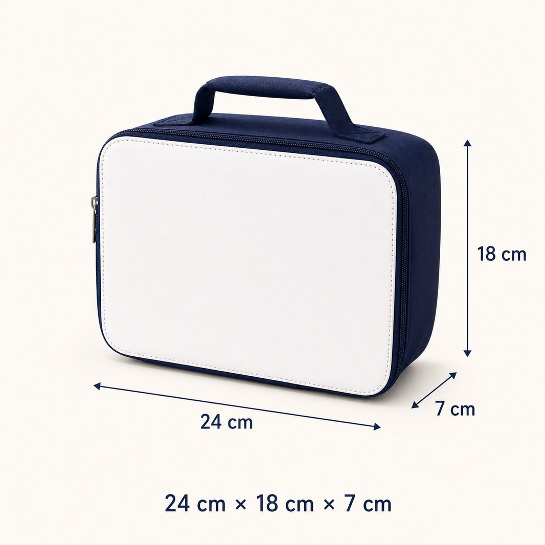 Personalised kids lunch bag size guide showing 24 cm wide by 18 cm tall by 7 cm deep