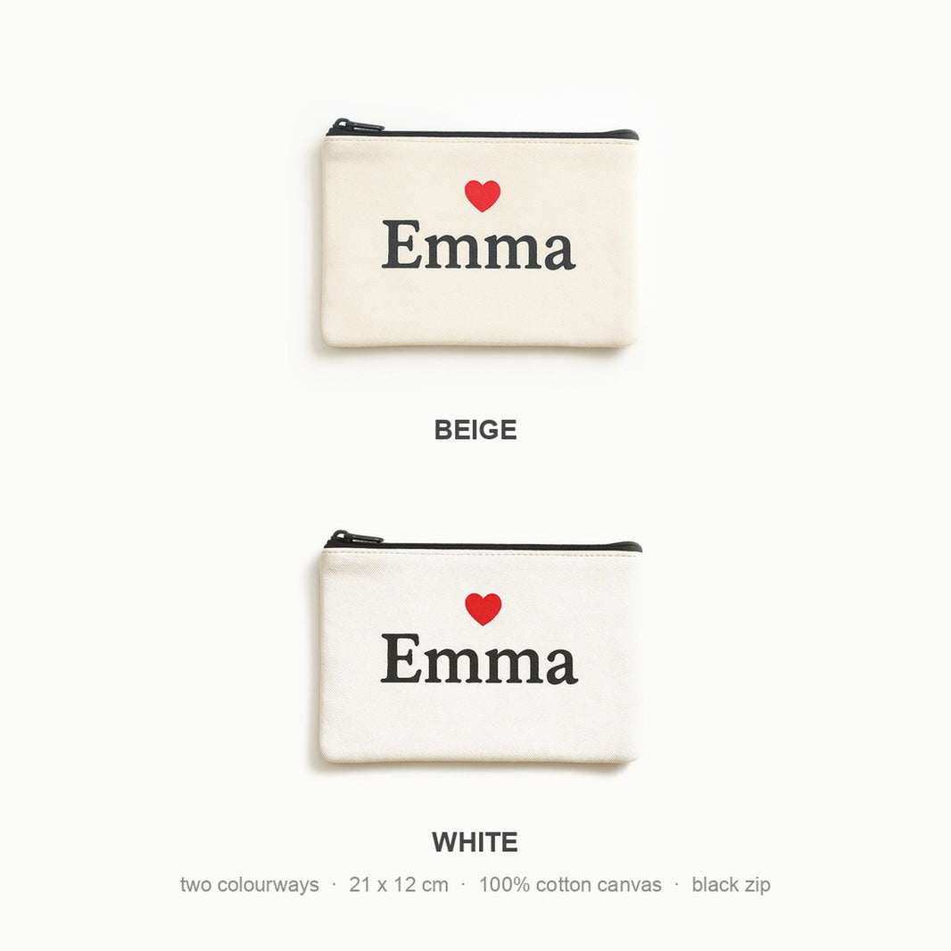 Cosmetic bag colour options — beige and white cotton canvas with black zip