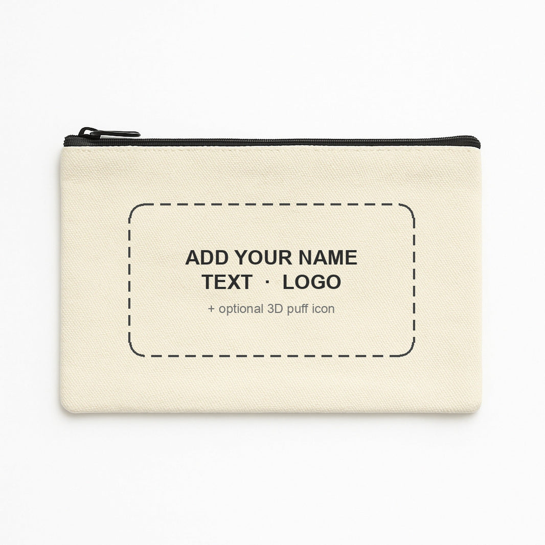 Pouch personalisation — add a name, text or logo with an optional 3D puff icon