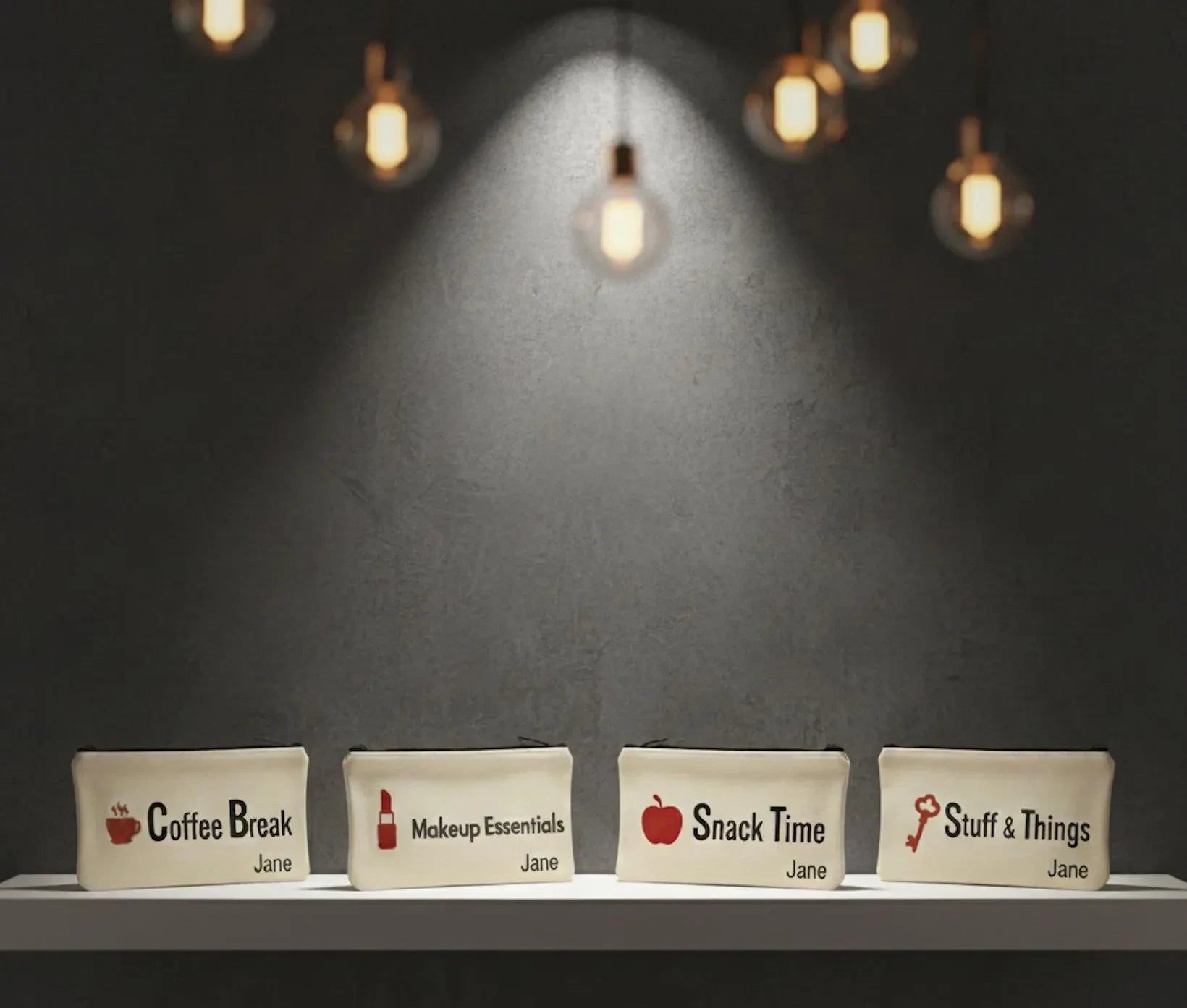 Close up detail of Custom Name Cosmetic Pouch  Bridesmaid Proposal Gift  Teacher Pencil Case  Canvas Zipper Pouch on Personalised Makeup Bag with Puff Print