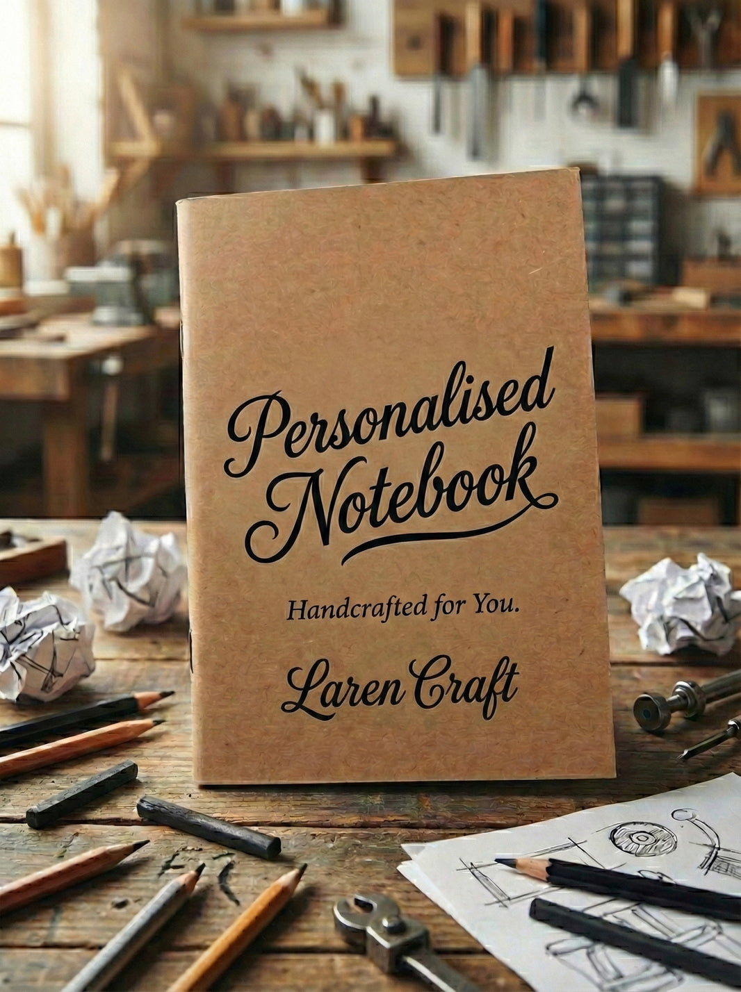 Kraft paper notebook with 'Personalised Notebook Handcrafted for You. Laren Craft' text on a workshop background.