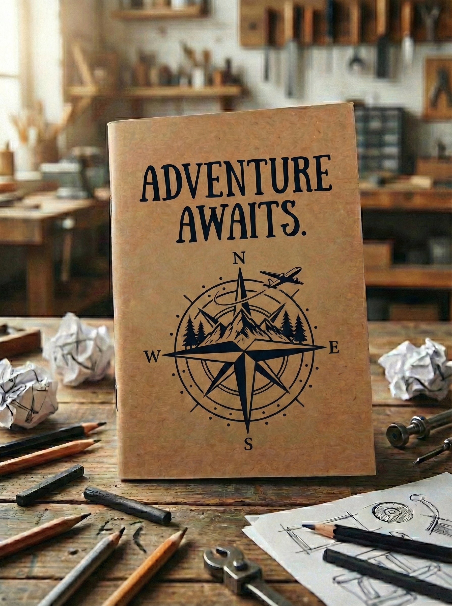 Notebook with 'Adventure Awaits' and compass design on a desk with stationery items.