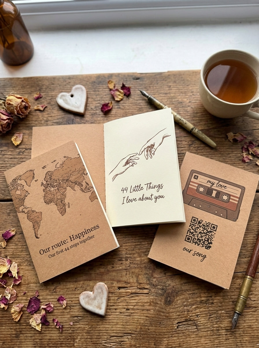 Three notebooks with unique designs and text on a wooden surface with tea and decorative elements.