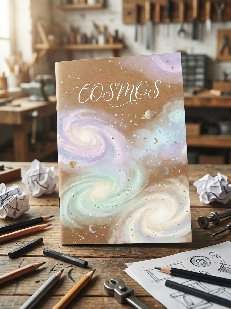 Notebook with 'Cosmos' design on a wooden table with stationery items