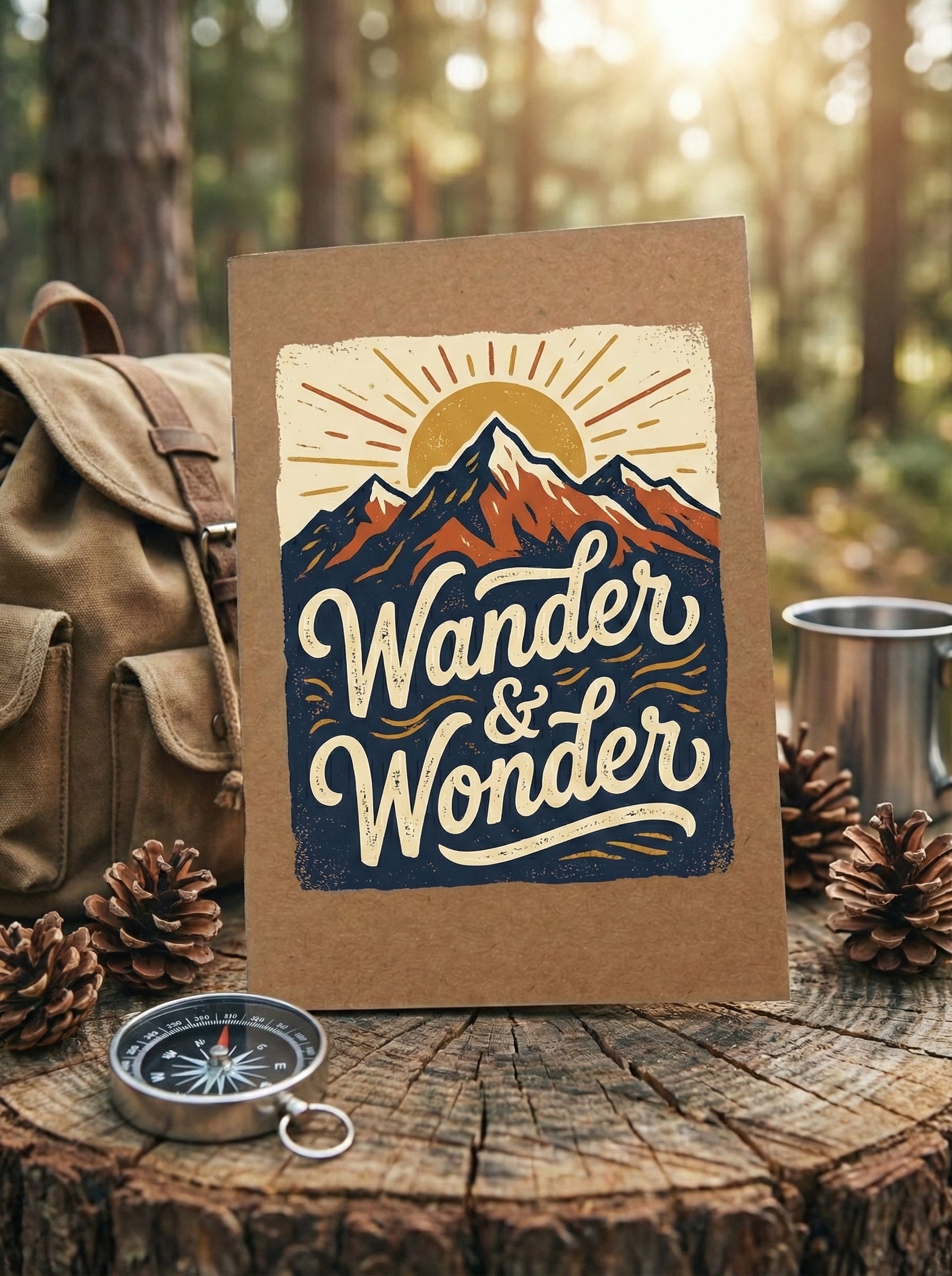 Card with 'Wander & Wonder' design in a forest setting with a backpack, compass, and cup.