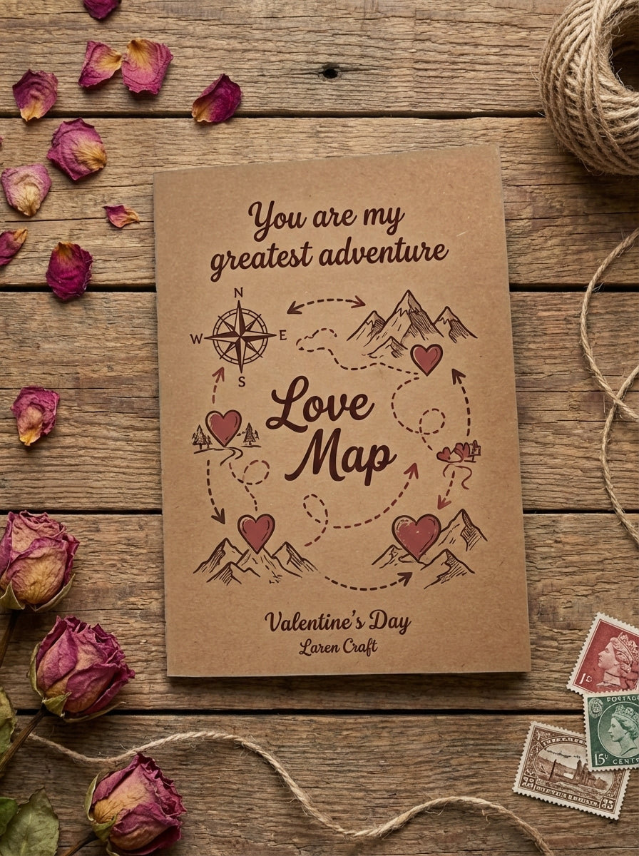 Kraft paper card with 'Love Map' design on a wooden surface with dried roses and twine.