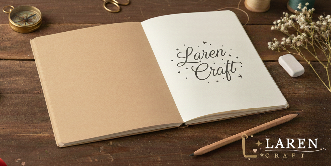 Open notebook with 'Laren Craft' branding on a wooden surface with stationery items.