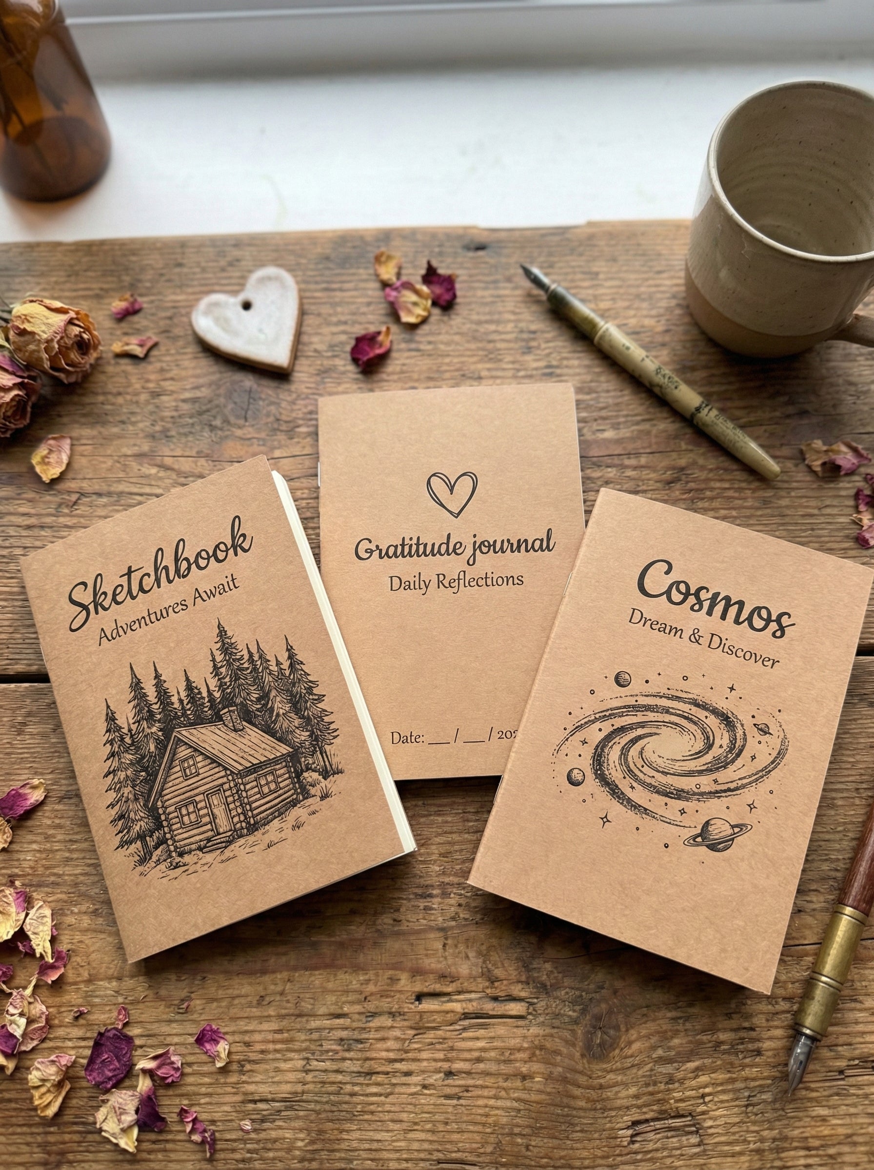 Three brown journals titled 'Sketchbook', 'Gratitude Journal', and 'Cosmos' on a wooden surface with a mug and pen.