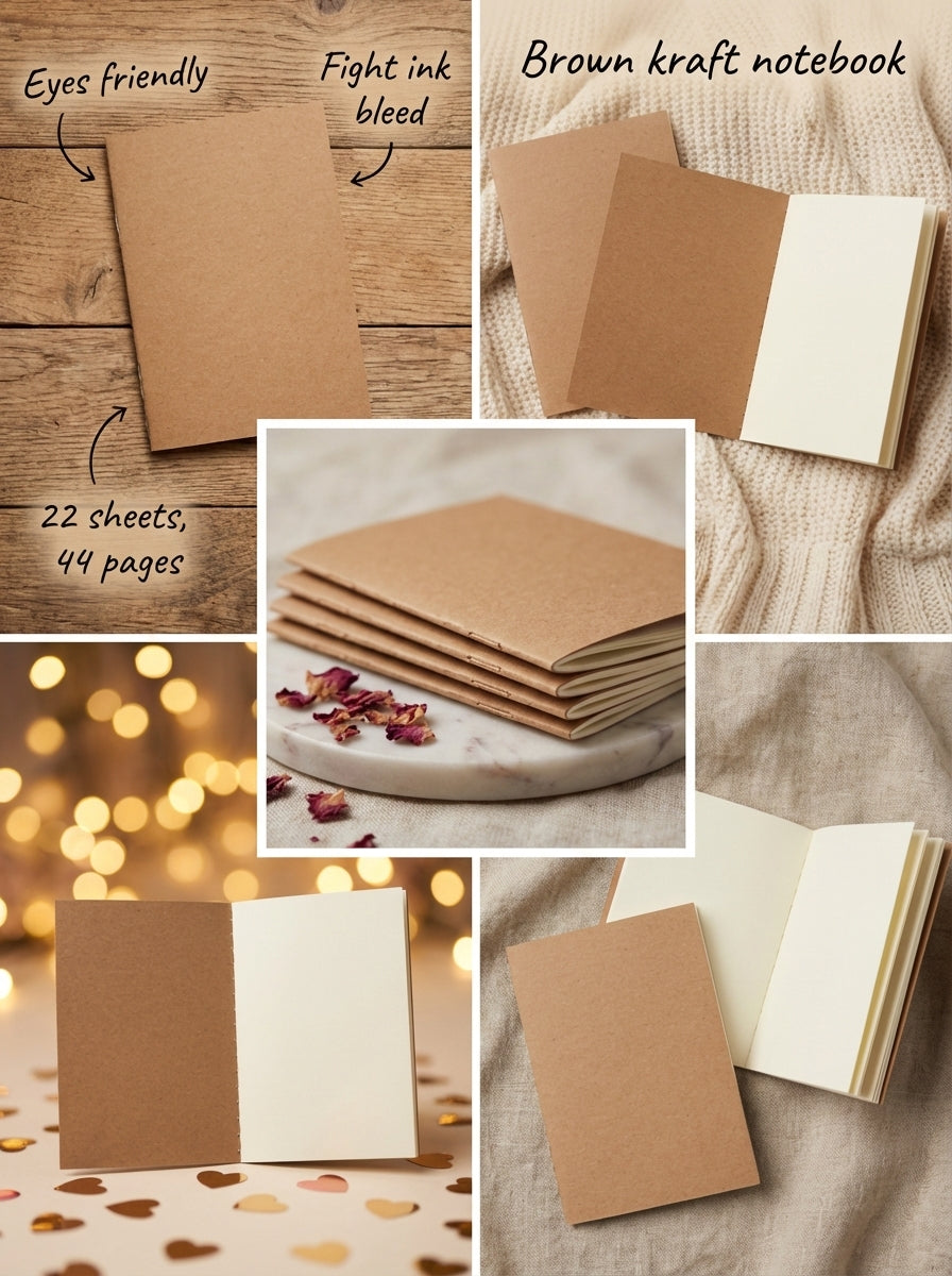 Collage of brown kraft notebook with text on a wooden background