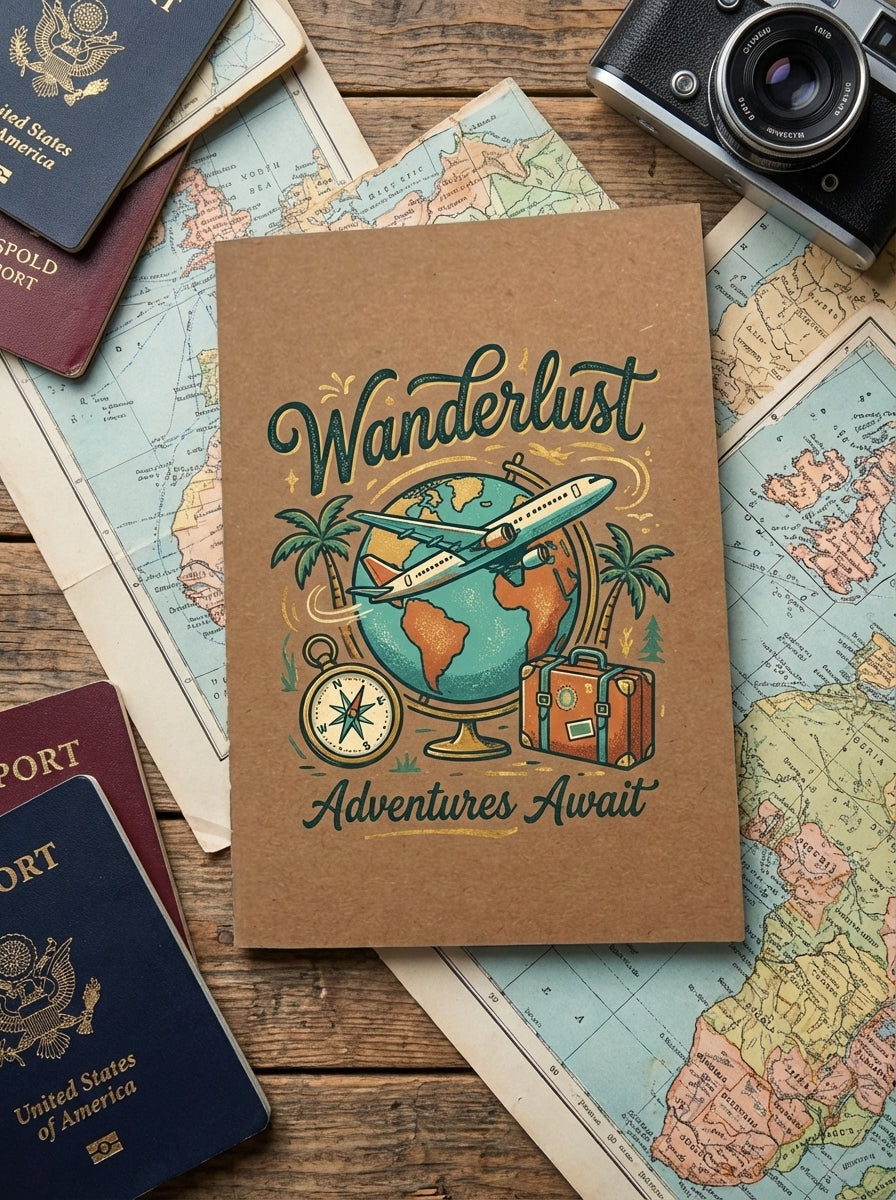 Notebook with 'Wanderlust Adventures Await' design on a map and passport background