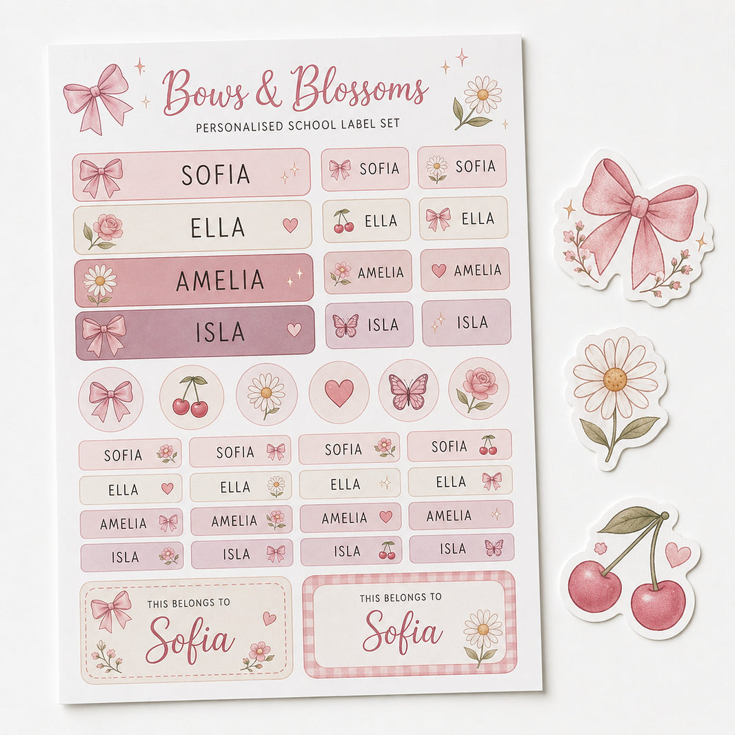 Bows and Blossoms pink personalised school name label sheet with four example first names