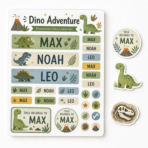 Dino Adventure personalised school name label sheet with the names Max, Noah and Leo