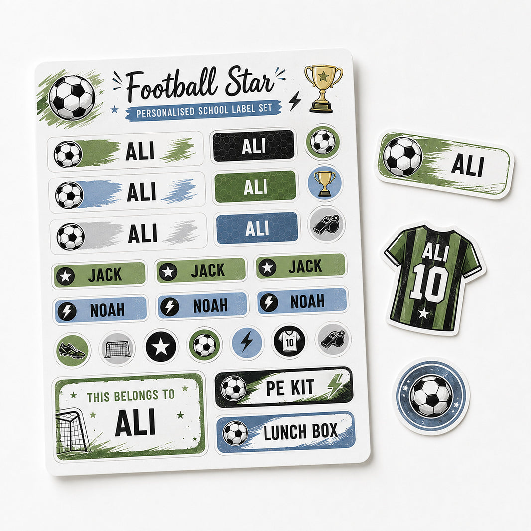 Football Star personalised school name label sheet with footballs, trophies and a shirt sticker