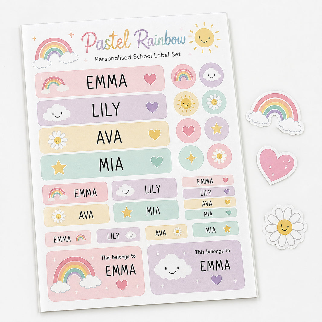 Pastel Rainbow personalised school name label sheet with the names Emma, Lily, Ava and Mia
