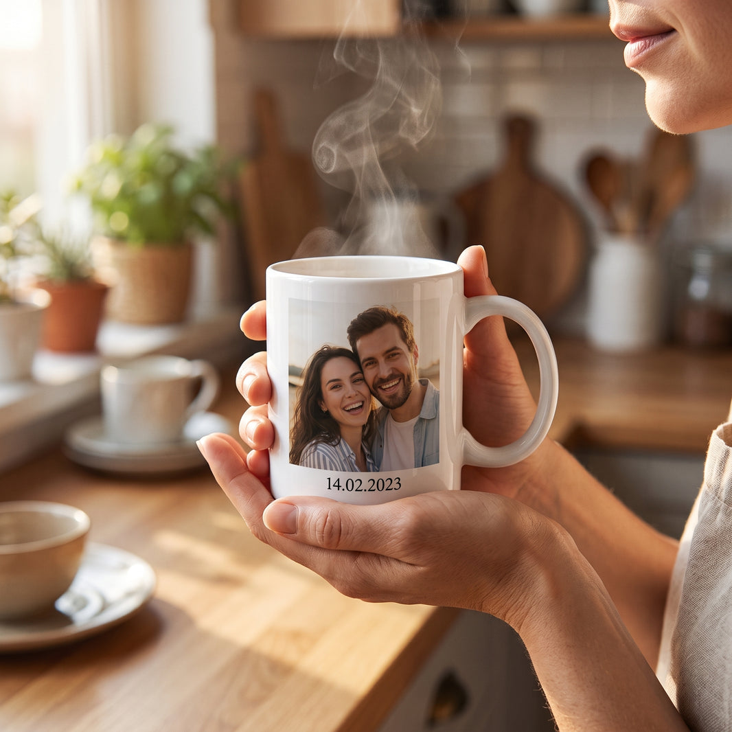 Picture mug filled with coffee in a bright kitchen, styled for everyday use