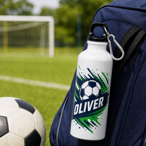 School water bottle with football design and the name Oliver clipped to a sports bag