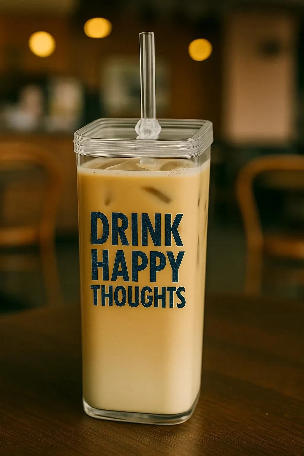 Personalised Square Glass Iced Coffee Cup with Borosilicate Tumbler with Lid & Straw in use