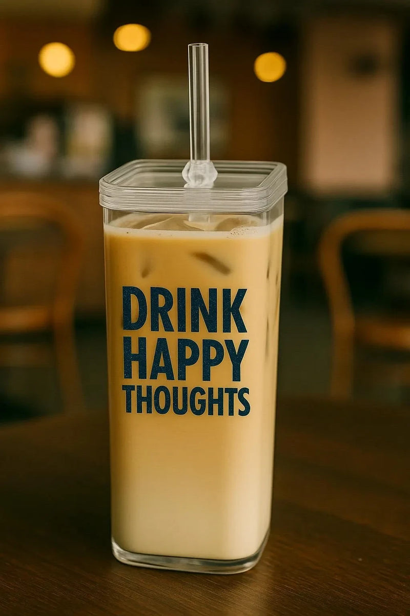 Personalised Square Glass Iced Coffee Cup with Borosilicate Tumbler with Lid & Straw in use