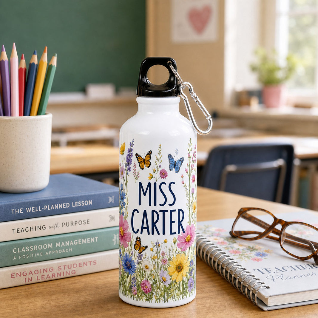 Custom water bottle for teachers printed Miss Carter with wildflowers — teacher gift