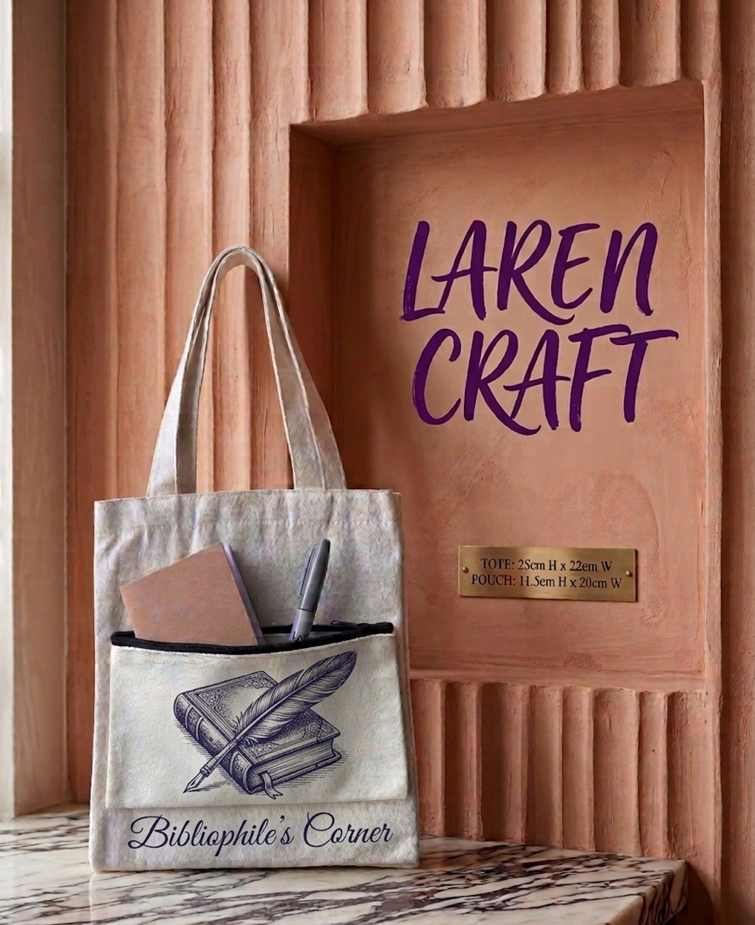 Tote bag with 'Bibliophile's Corner' design on a marble surface with a wooden panel background.