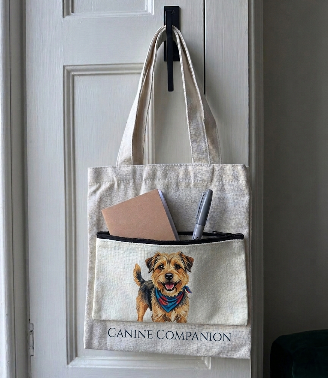 Tote bag with a dog illustration and 'Canine Companion' text, hanging on a door handle.