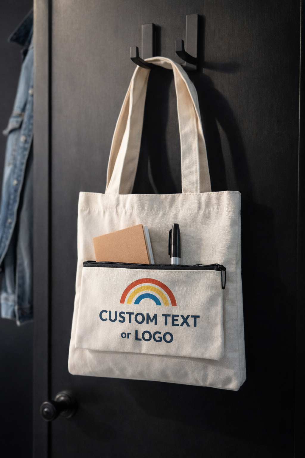 White tote bag with rainbow design and customizable text or logo on a black wall.