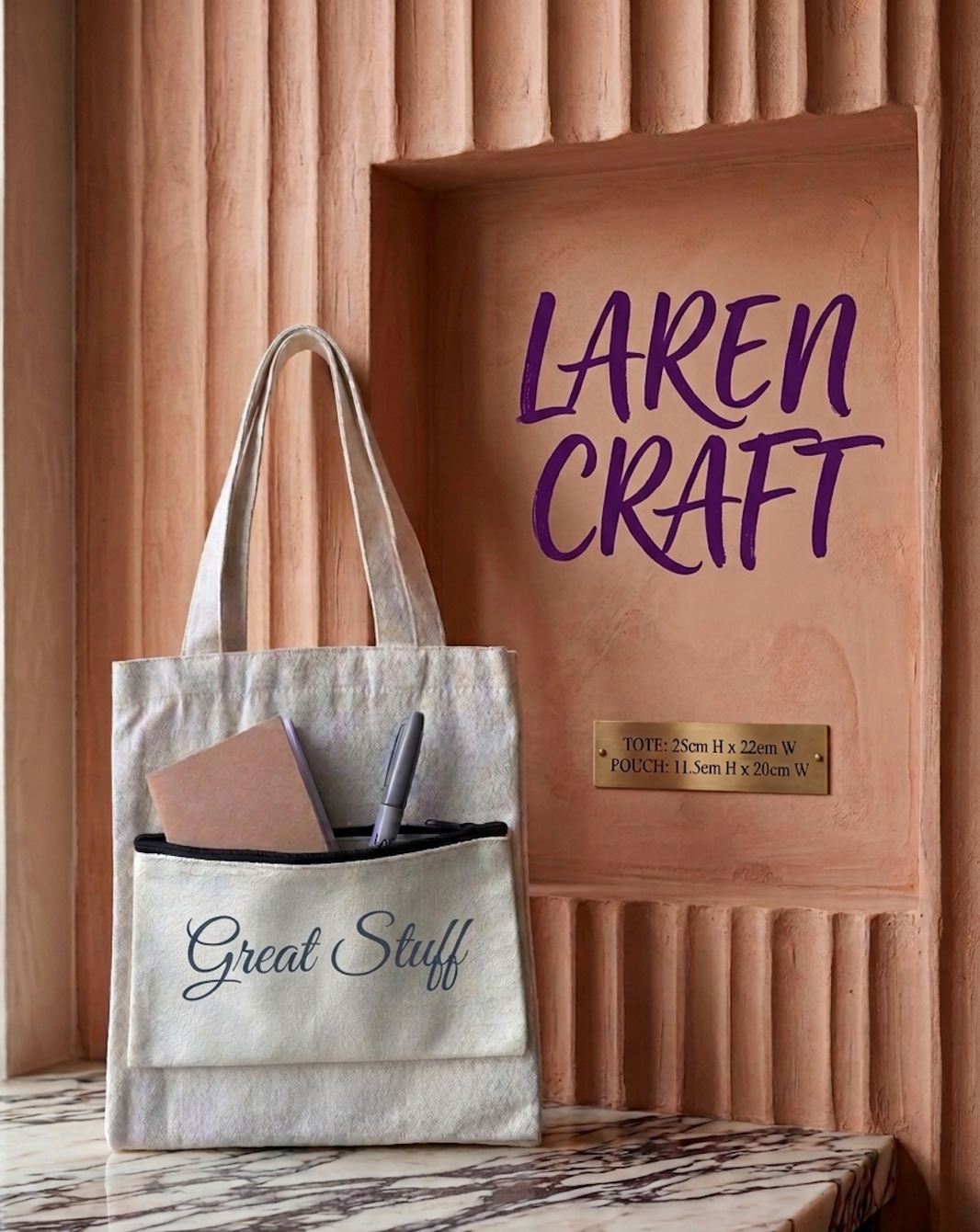 Tote bag with 'Great Stuff' text and 'Laren Craft' branding against a wooden background.