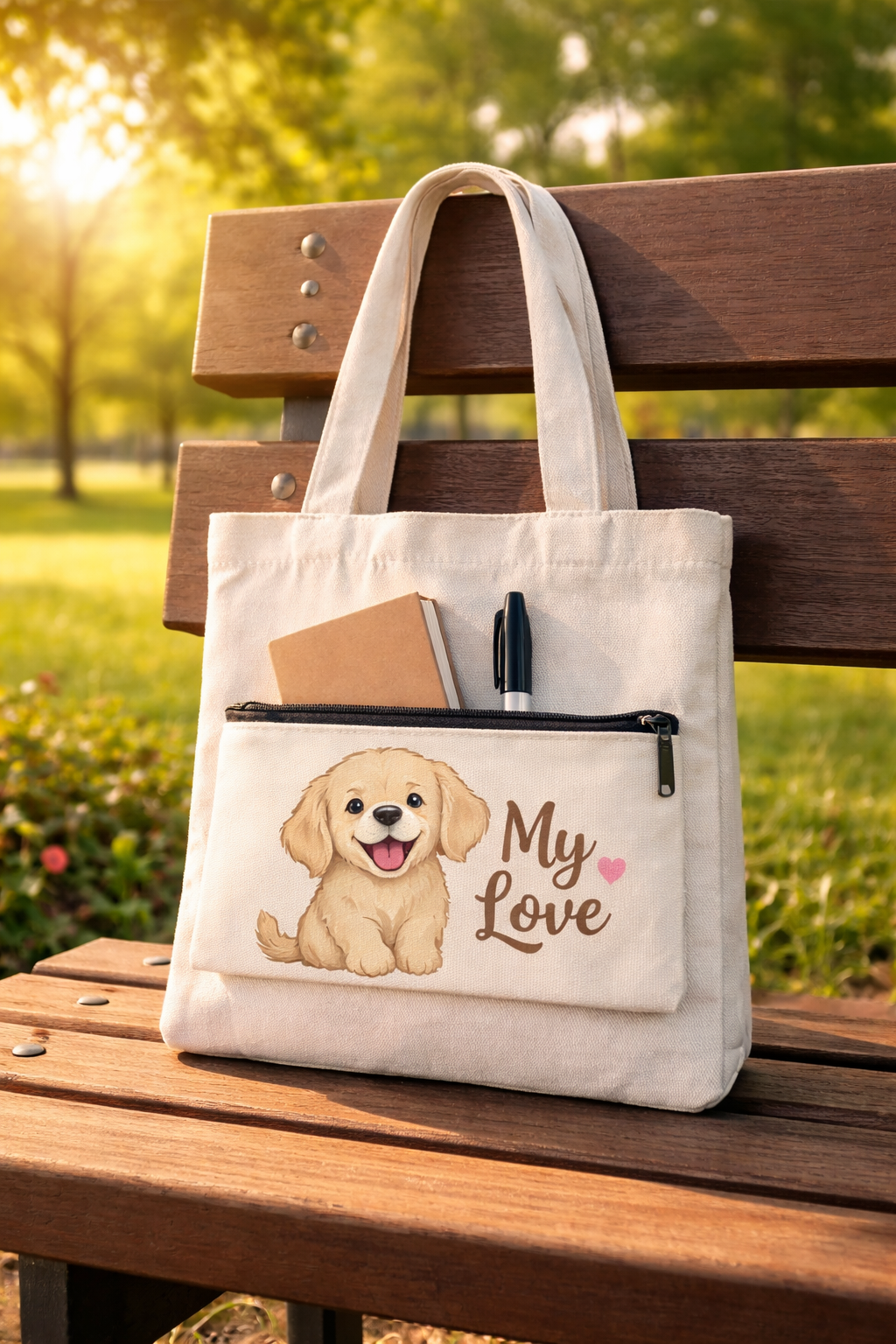 Tote bag with a puppy design and 'My Love' text on a wooden bench in a park.