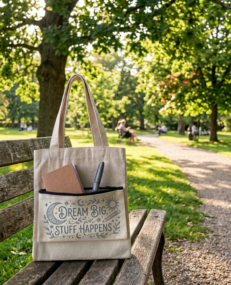Tote bag with motivational quote on a wooden bench in a park