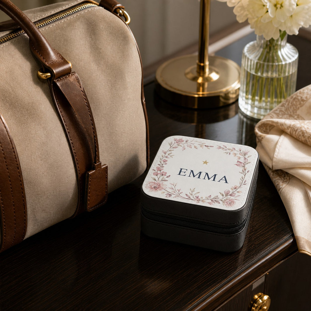Personalised travel jewellery case printed with the name Emma next to a weekend bag on a bedroom dresser