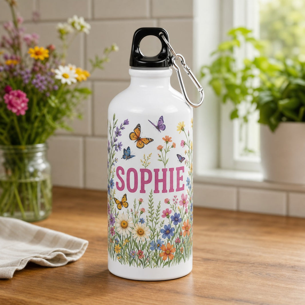 Personalised water bottle — 600ml aluminium with wildflower design and the name Sophie