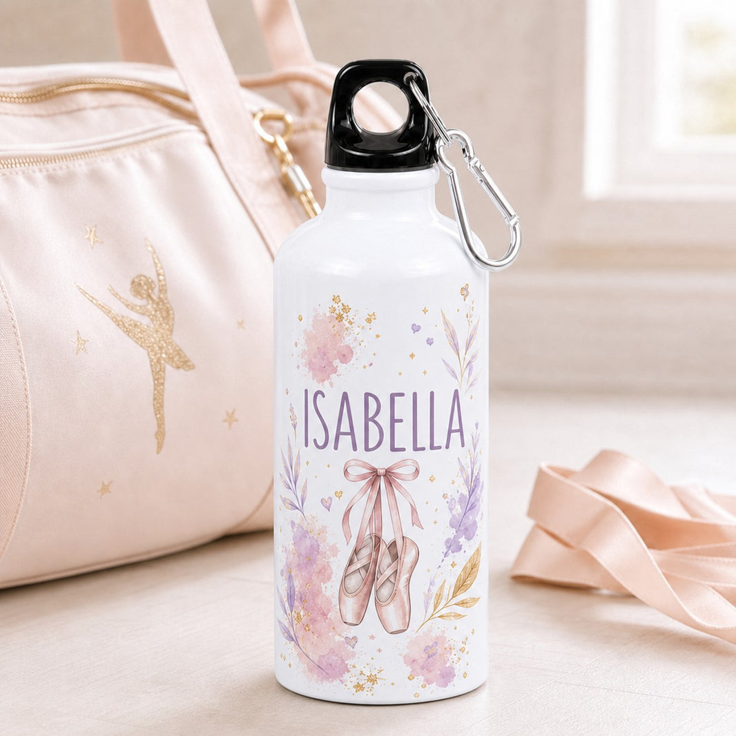 Kids water bottle with ballet shoes design and the name Isabella next to a dance bag