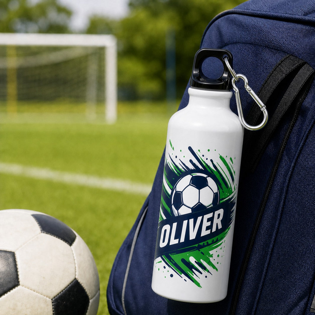 School water bottle with football design and the name Oliver clipped to a sports bag