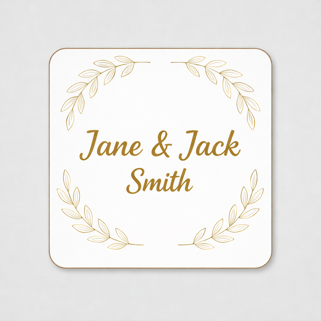 Personalised wedding coaster with Jane and Jack Smith name and gold leaf wreath design