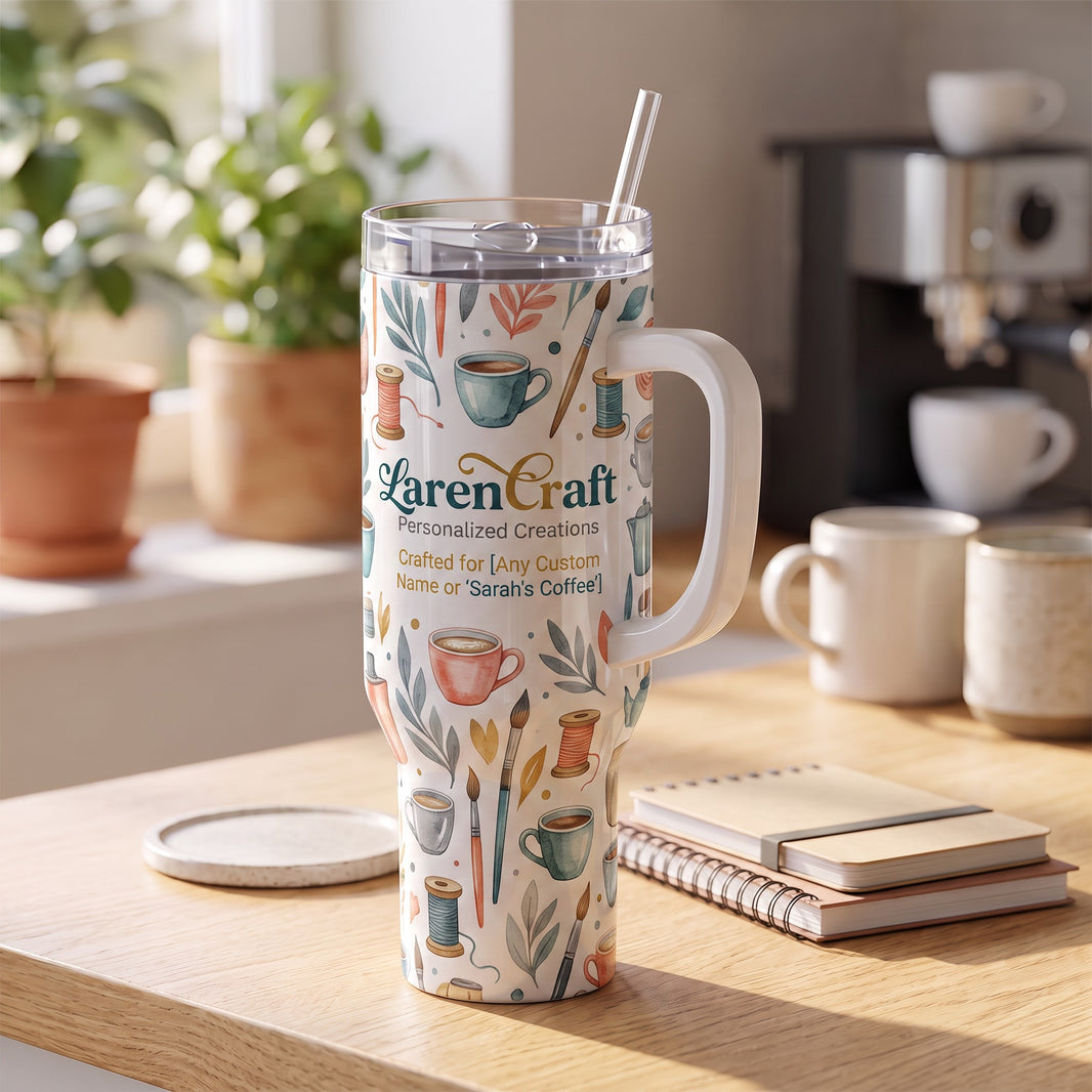 White 40oz tumbler with custom full-wrap coffee theme print and personalised text on a desk