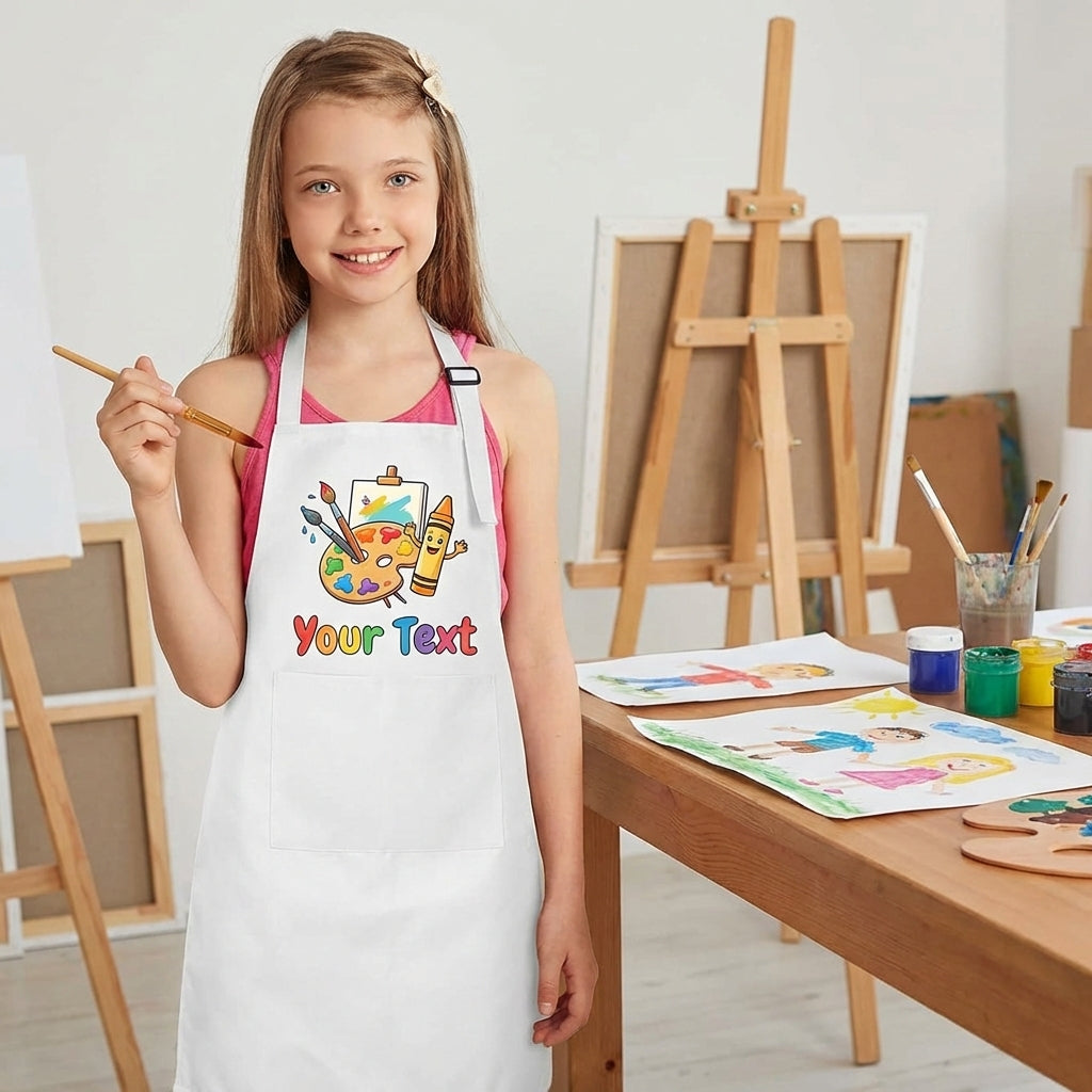 Child artist wearing personalised smock during painting activity