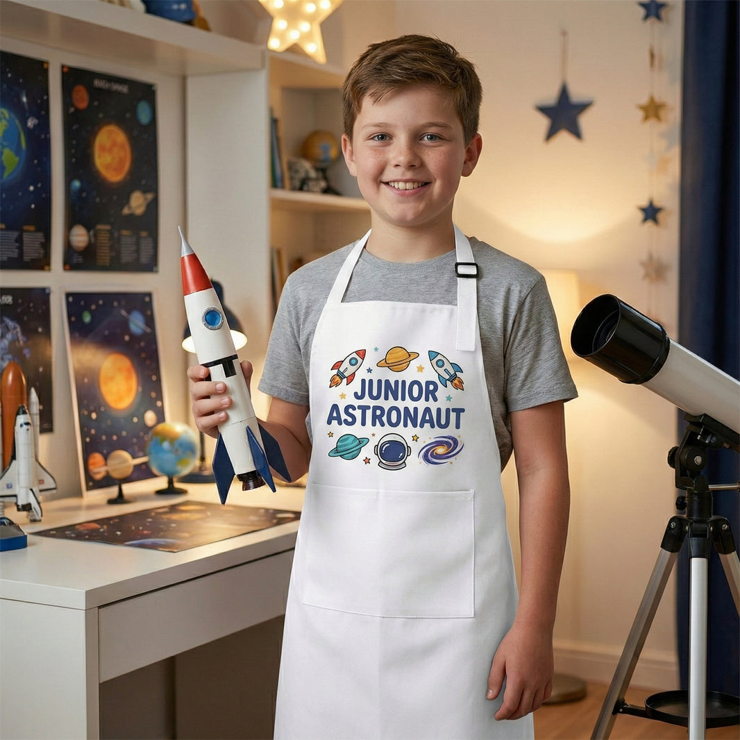 Back view of adjustable waist tie on white children's apron